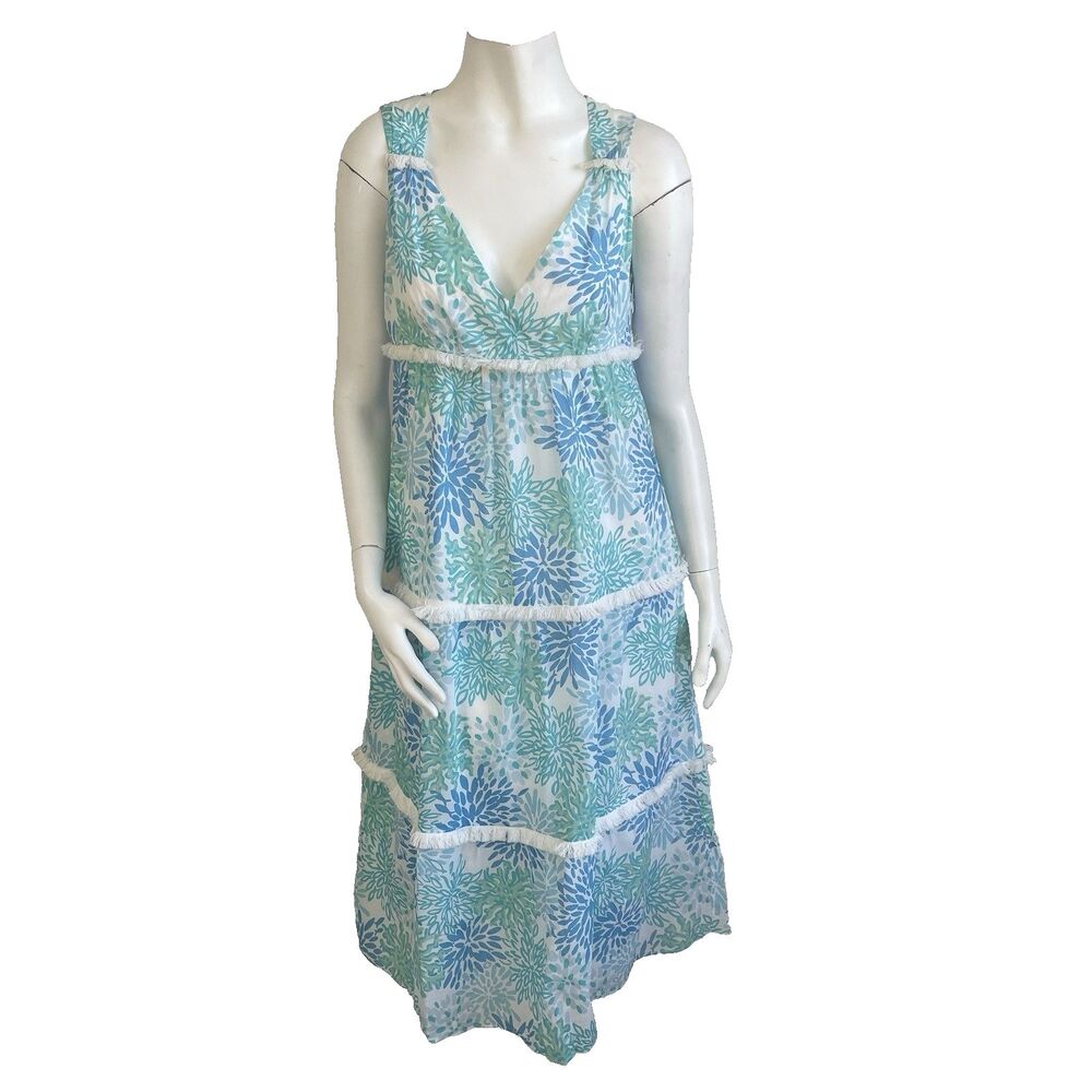 STS Sail to Sable XS Sleeveless Fringe Trim Midi Dress Tropical Vacation Resort